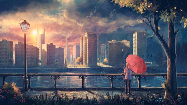 Anime picture 1280x720 with original sylar113 wide image standing sky cloud (clouds) outdoors from behind sunlight city rain cityscape river panorama plant (plants) tree (trees) building (buildings) umbrella grass sun