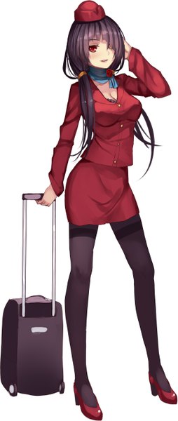 Anime picture 1158x2736 with date a live tokisaki kurumi musynexsk single long hair tall image looking at viewer blush black hair simple background white background heterochromia girl skirt pantyhose black pantyhose suit suitcase field cap