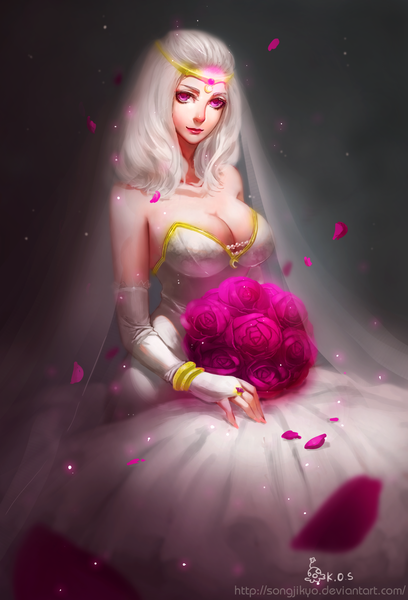 Anime picture 2146x3154 with league of legends diana (league of legends) songjikyo single long hair tall image looking at viewer highres breasts bare shoulders white hair pink eyes wedding girl dress flower (flowers) bracelet bouquet wedding dress wedding veil