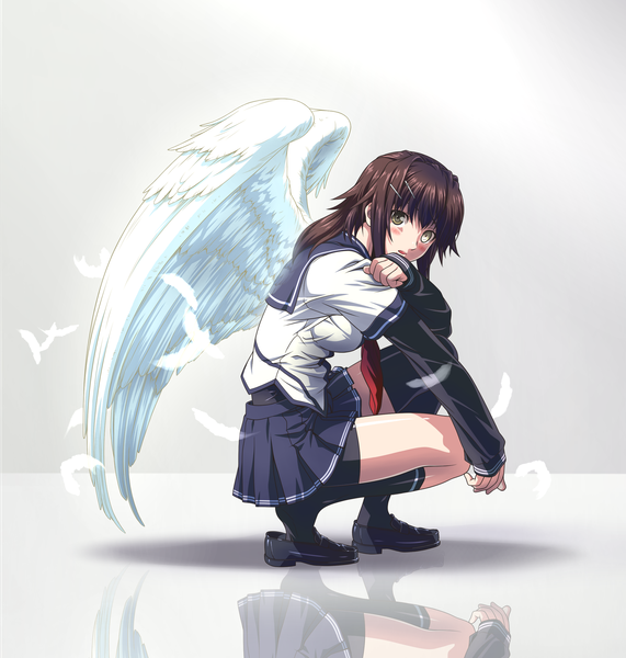Anime picture 2575x2706 with kantai collection furutaka heavy cruiser moto7927 single long hair tall image looking at viewer blush highres open mouth black hair heterochromia girl wings socks black socks bobby pin feather (feathers) sailor suit