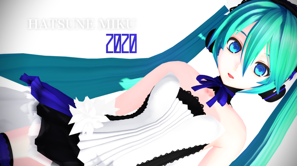 Anime picture 1920x1080 with vocaloid hatsune miku tagme (artist) highres simple background wide image twintails bare shoulders very long hair aqua eyes aqua hair inscription girl dress skirt flower (flowers) bow headphones