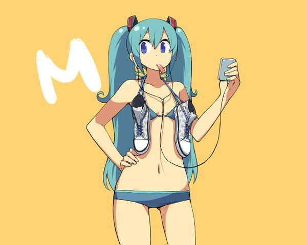 Anime picture 1280x1024 with vocaloid hatsune miku chan\u00d7co light erotic simple background twintails blue hair hand on hip orange background girl navel underwear panties shoes headphones sneakers digital media player