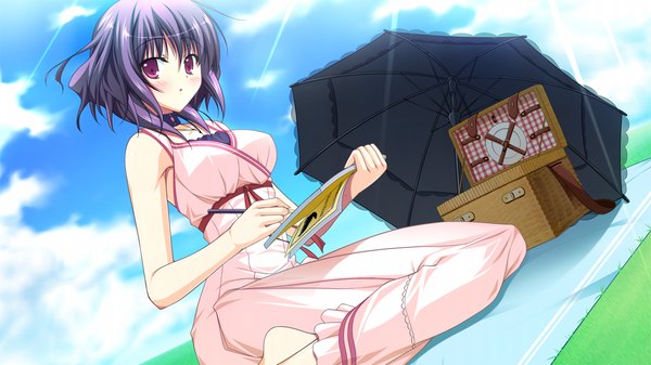 Anime picture 1280x720 with fortissimo//akkord:bsusvier (game) ooba kagerou blush short hair wide image purple eyes game cg purple hair girl dress umbrella