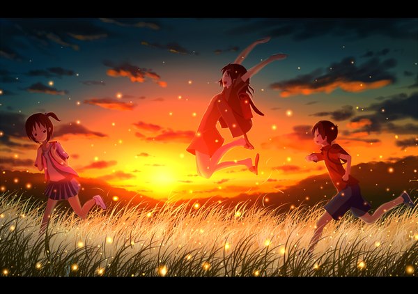 Anime picture 2480x1748 with original qpixiquarterly pixiv 5 freev5 mac (artist) highres short hair brown hair multiple girls sky cloud (clouds) evening sunset group landscape jumping scenic running girl boy 2 girls plant (plants)