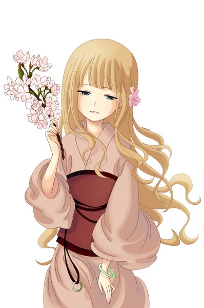 Anime picture 2238x3371 with original hitsuji shoyo single long hair tall image highres simple background blonde hair white background green eyes japanese clothes girl flower (flowers) bracelet kimono