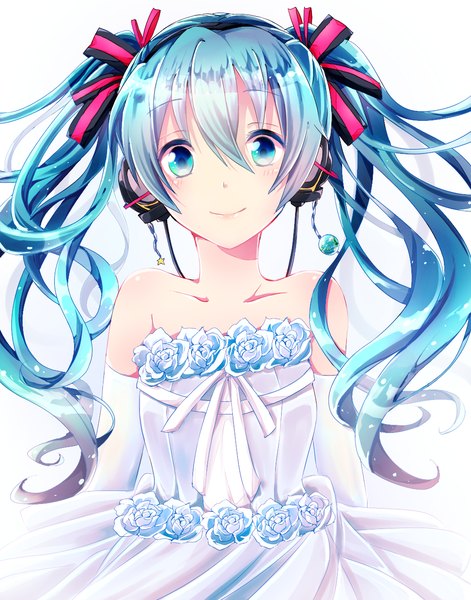 Anime picture 1042x1326 with vocaloid hatsune miku shion sana single long hair tall image looking at viewer smile twintails bare shoulders aqua eyes aqua hair girl dress gloves hair ornament flower (flowers) ribbon (ribbons) hair ribbon elbow gloves
