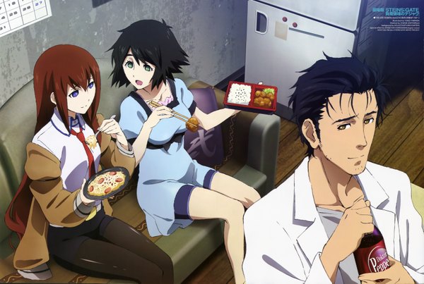 Anime picture 6075x4081 with steins;gate white fox makise kurisu shiina mayuri okabe rintarou long hair highres short hair open mouth black hair brown hair sitting purple eyes multiple girls brown eyes absurdres scan official art eating girl