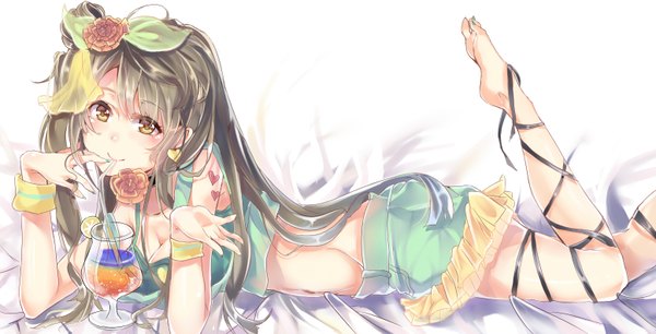 Anime picture 1554x793 with love live! school idol project sunrise (studio) love live! minami kotori takitou single long hair looking at viewer blush breasts simple background smile wide image large breasts white background brown eyes cleavage ponytail nail polish barefoot