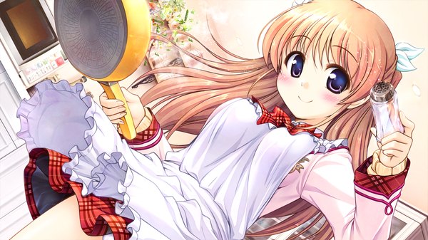 Anime picture 1280x720 with daitoshokan no hitsujikai shirasaki tsugumi bekkankou single long hair looking at viewer blush blonde hair smile wide image purple eyes game cg cooking girl uniform school uniform apron