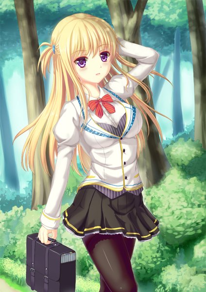 Anime picture 566x800 with original yurina (artist) single long hair tall image blush fringe breasts open mouth blonde hair hair between eyes purple eyes holding bent knee (knees) pleated skirt arm behind head hand on head walking girl skirt