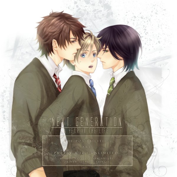 Anime picture 1000x1000 with harry potter albus severus potter scorpius malfoy james sirius potter flayu (artist) looking at viewer short hair open mouth blue eyes black hair blonde hair simple background brown hair brown eyes green eyes profile multiple boys face to face siblings shounen ai