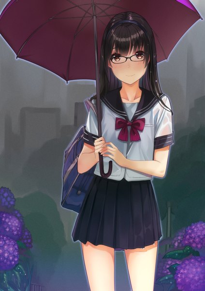 Anime picture 2894x4093 with original kagematsuri long hair tall image highres black hair brown eyes rain girl uniform flower (flowers) glasses serafuku umbrella school bag