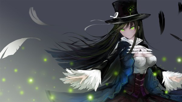 Anime picture 1920x1080 with original mek single long hair looking at viewer highres black hair wide image green eyes grey background girl dress hat feather (feathers)