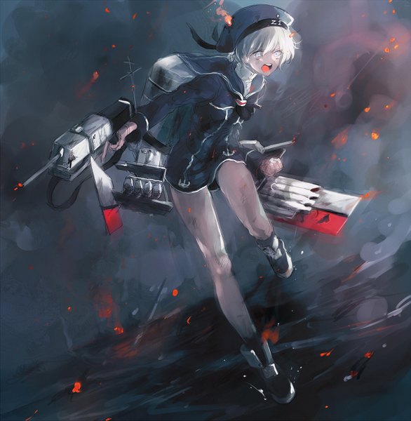 Anime picture 1464x1500 with kantai collection z1 destroyer (leberecht maass) minase (mmakina) single tall image short hair open mouth looking away cloud (clouds) white hair silver eyes girl dress weapon water boots sea gun short dress beret