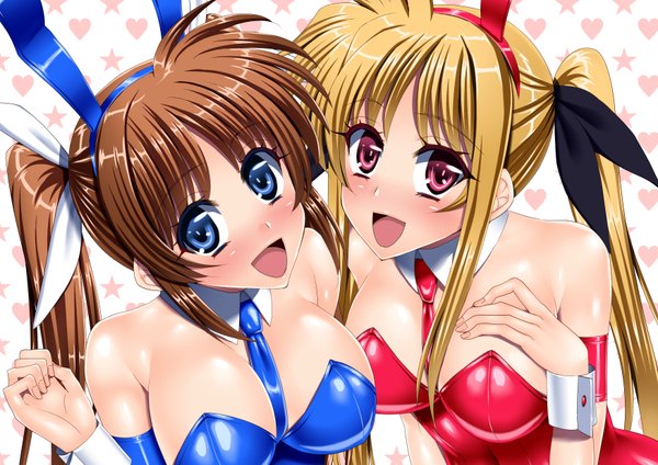 Anime picture 3500x2474 with mahou shoujo lyrical nanoha fate testarossa takamachi nanoha sen (sansui) long hair looking at viewer blush highres breasts open mouth blue eyes light erotic blonde hair red eyes brown hair twintails multiple girls animal ears absurdres bunny ears