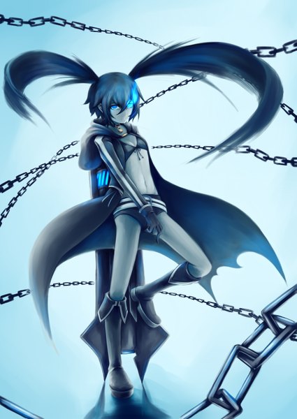Anime picture 2149x3035 with black rock shooter black rock shooter (character) single long hair tall image looking at viewer highres blue eyes twintails blue hair glowing glowing eye (eyes) girl gloves navel weapon shorts chain cloak bikini top