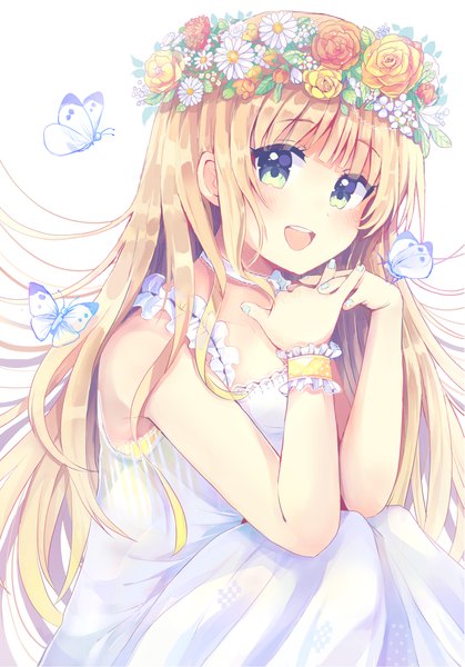 Anime picture 3038x4352 with original sakura oriko single long hair tall image looking at viewer blush fringe highres open mouth simple background blonde hair smile white background sitting bare shoulders green eyes absurdres blunt bangs nail polish