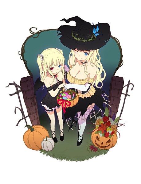 Anime picture 760x994 with boku wa tomodachi ga sukunai kashiwazaki sena hasegawa kobato cait long hair tall image looking at viewer blue eyes blonde hair multiple girls cleavage heterochromia girl thighhighs dress flower (flowers) 2 girls hat white thighhighs wings