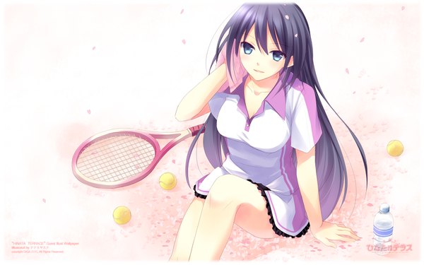 Anime picture 1920x1200 with hinata terrace takatsukasa kaoruko nanami yasuna single long hair highres blue eyes black hair smile wide image tennis girl uniform gym uniform bottle tennis uniform tennis racket