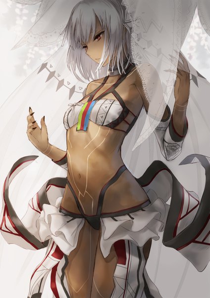 Anime picture 919x1300 with fate (series) fate/grand order fate/extra altera (fate) kachi single tall image short hair light erotic simple background red eyes white hair nail polish fingernails bare belly dark skin looking down bodypaint girl navel