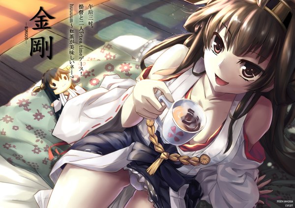 Anime picture 1500x1061 with kantai collection kongou battleship kamiljm single long hair looking at viewer open mouth light erotic smile brown hair brown eyes signed traditional clothes nontraditional miko girl hair ornament underwear panties detached sleeves bed