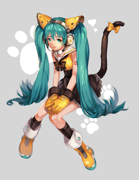 Anime picture 900x1166 with vocaloid hatsune miku platina77 single long hair tall image looking at viewer fringe open mouth smile sitting twintails animal ears ahoge bent knee (knees) tail animal tail aqua eyes cat ears aqua hair