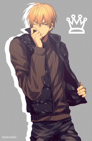 Anime picture 600x925 with kuroko no basket production i.g kise ryouta mashima shima single tall image fringe short hair blonde hair simple background hair between eyes standing signed yellow eyes one eye closed fingernails grey background piercing ear piercing hand to mouth