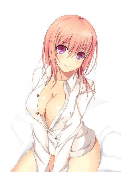 Anime picture 1191x1684 with original chuxue single long hair tall image looking at viewer blush breasts light erotic simple background smile large breasts white background sitting pink eyes orange hair girl shirt white shirt