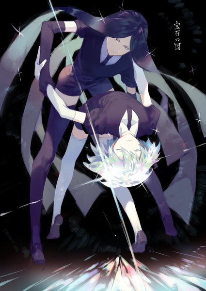 Anime picture 724x1023 with houseki no kuni diamond (houseki no kuni) bort yamakawa tall image short hair black hair silver hair full body eyes closed very long hair sparkle puffy sleeves copyright name holding hands arched back androgynous thighhighs gloves black thighhighs