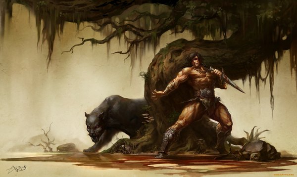 Anime picture 1920x1146 with original tagme (artist) single highres short hair red eyes wide image animal ears black eyes muscle warrior boy weapon plant (plants) animal tree (trees) blood dagger swamp