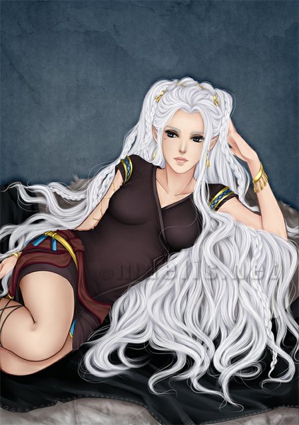 Anime picture 600x850 with original m-aelis single long hair tall image breasts purple eyes looking away lips pointy ears grey hair mole mole under eye girl earrings clothes