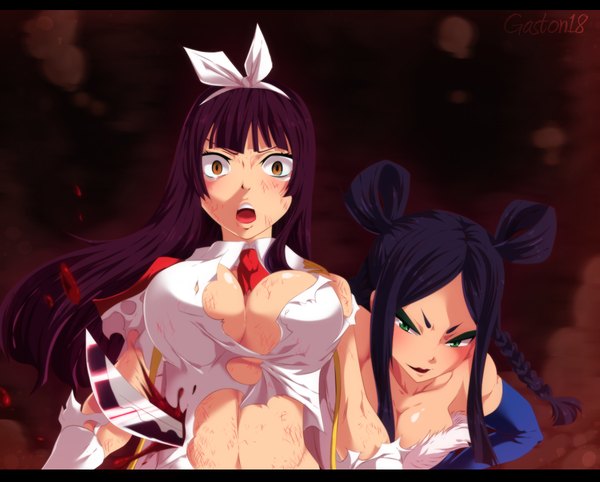 Anime picture 1200x964 with fairy tail mikazuchi kagura minerva orlando tongasart long hair breasts open mouth light erotic black hair large breasts bare shoulders multiple girls brown eyes green eyes purple hair braid (braids) lipstick coloring torn clothes letterboxed