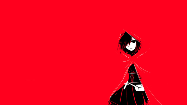 Anime picture 1280x720 with rwby rooster teeth ruby rose monty oum single fringe short hair wide image black eyes hair over one eye red background blending girl dress cap