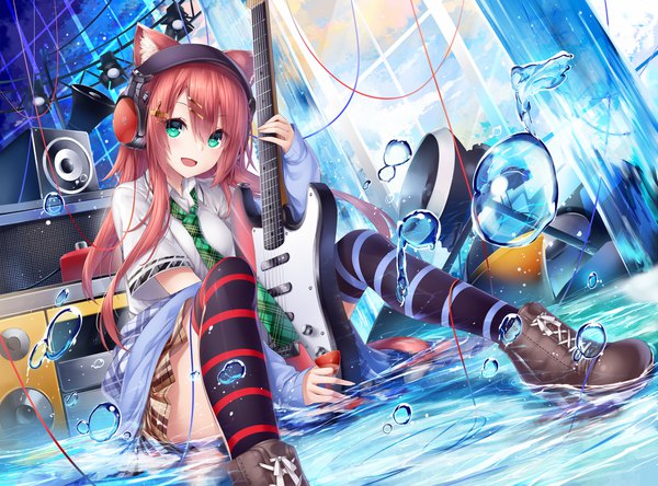 Anime picture 1841x1364 with original yonari phone neon chabaneko single long hair looking at viewer blush fringe highres open mouth smile hair between eyes sitting holding animal ears bent knee (knees) aqua eyes cat ears short sleeves different thighhighs