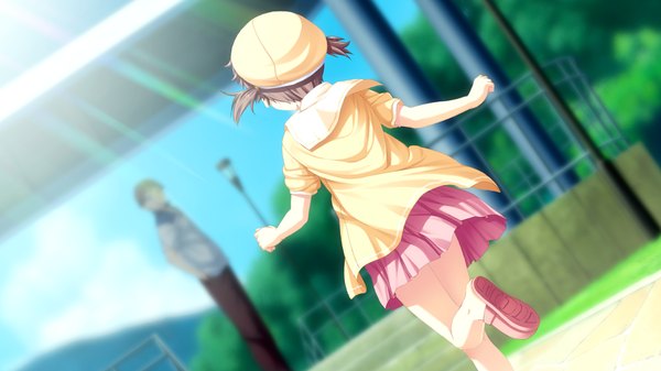 Anime picture 1024x576 with suigetsu 2 short hair brown hair wide image game cg running girl skirt miniskirt beret child (children)