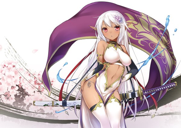 Anime picture 1200x849 with original 47agdragon single blush fringe breasts light erotic white hair traditional clothes pink eyes hair flower pointy ears chinese clothes elf sheathed girl gloves navel underwear panties