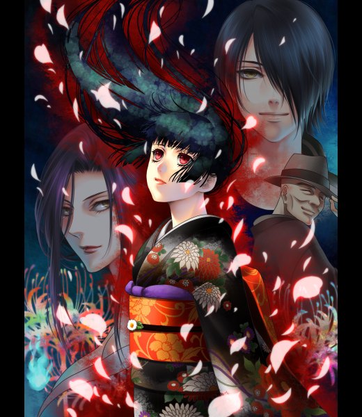 Anime picture 1040x1200 with hell girl studio deen enma ai hone onna wanyuudo ichimoku ren kayu tall image fringe black hair red eyes multiple girls yellow eyes eyes closed japanese clothes wind hair over one eye multiple boys floral print bald