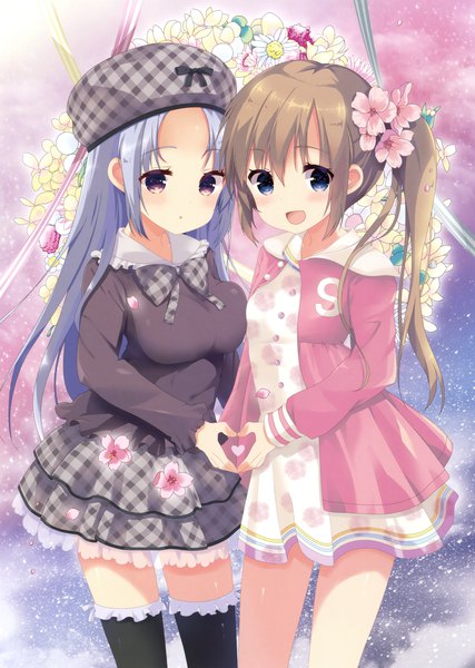 Anime picture 2489x3500 with original tsukiji long hair tall image looking at viewer blush highres open mouth blue eyes brown hair purple eyes multiple girls hair flower grey hair scan official art girl thighhighs dress flower (flowers)