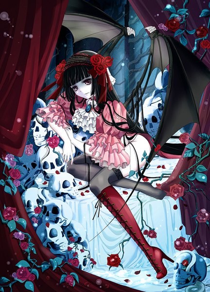 Anime picture 721x1000 with original hatoyama single long hair tall image black hair purple eyes girl thighhighs dress flower (flowers) black thighhighs wings boots headdress rose (roses) skull