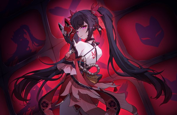 Anime picture 4830x3126 with honkai: star rail honkai (series) sparkle (honkai: star rail) heiyizhushenxia single long hair fringe highres black hair twintails absurdres blunt bangs pink eyes looking back from behind tattoo symbol-shaped pupils girl gloves detached sleeves