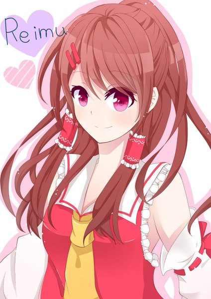 Anime picture 1024x1448 with touhou hakurei reimu honeyco2s2 single long hair tall image looking at viewer highres simple background smile brown hair white background purple eyes character names close-up girl hair ornament detached sleeves frills heart