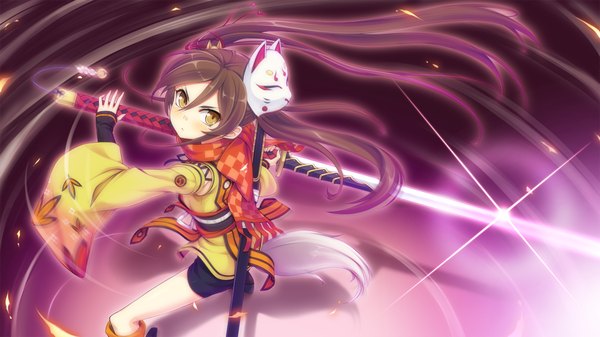 Anime picture 1280x720 with tentacle lord (game) tel-o long hair blush black hair wide image twintails yellow eyes game cg japanese clothes loli mask on head girl weapon sword mask