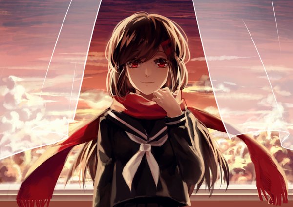 Anime picture 3507x2480 with kagerou project shaft (studio) tateyama ayano lama-pacos single long hair looking at viewer fringe highres smile red eyes brown hair absurdres sky cloud (clouds) girl uniform hair ornament serafuku hairclip