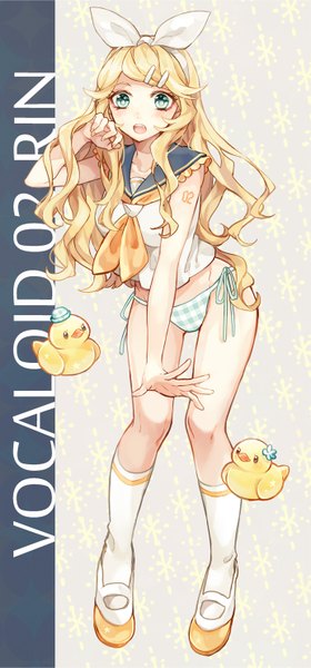 Anime picture 692x1483 with vocaloid kagamine rin makoto (roketto-massyumaro) single long hair tall image blush open mouth light erotic blonde hair aqua eyes character names future style (module) girl hair ornament underwear panties bow hair bow socks