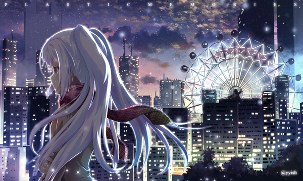 Anime picture 1800x1080 with plastic memories isla (plastic memories) waisshu (sougyokyuu) single long hair highres red eyes wide image twintails sky cloud (clouds) white hair profile tears city girl scarf ferris wheel