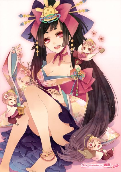 Anime picture 2462x3500 with original kuroyuki single long hair tall image looking at viewer highres open mouth black hair red eyes sitting japanese clothes barefoot girl hair ornament branch yukata
