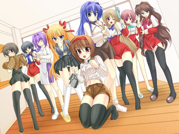 Anime picture 1280x960 with kanon key (studio) tsukimiya ayu minase nayuki minase akiko sawatari makoto kawasumi mai misaka shiori kurata sayuri misaka kaori amano mishio kirihane (artist) long hair blush short hair open mouth blue eyes black hair blonde hair red eyes