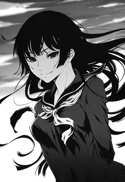 Anime picture 1100x1600 with tasogare otome x amnesia silver link kanoe yuuko maybe single long hair tall image looking at viewer breasts smile large breasts sky cloud (clouds) wind scan monochrome hands behind back manga girl uniform
