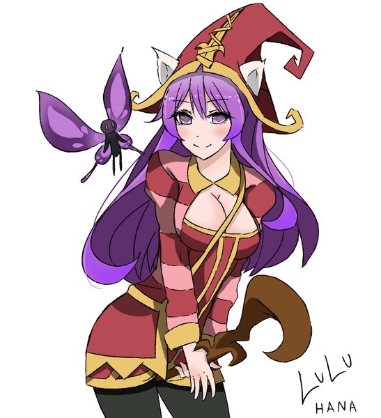 Anime picture 1600x1757 with league of legends lulu (league of legends) single long hair tall image blush animal ears purple hair dark skin fairy girl hat staff