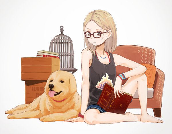 Anime picture 2802x2189 with original minamito single highres short hair blonde hair sitting holding brown eyes looking away bent knee (knees) indoors barefoot bare legs mouth hold girl animal bracelet book (books) chair